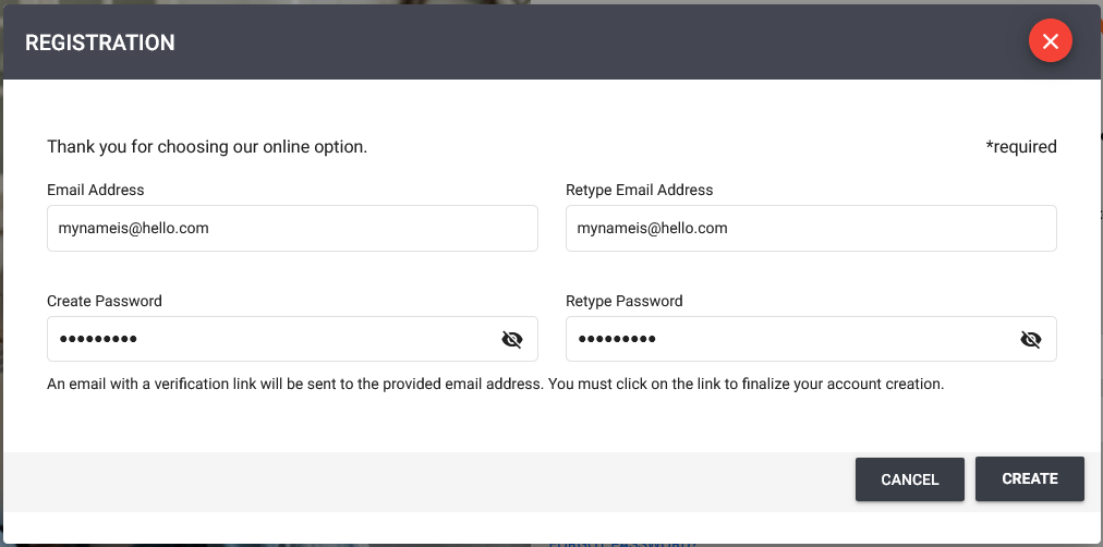 Registration dialog