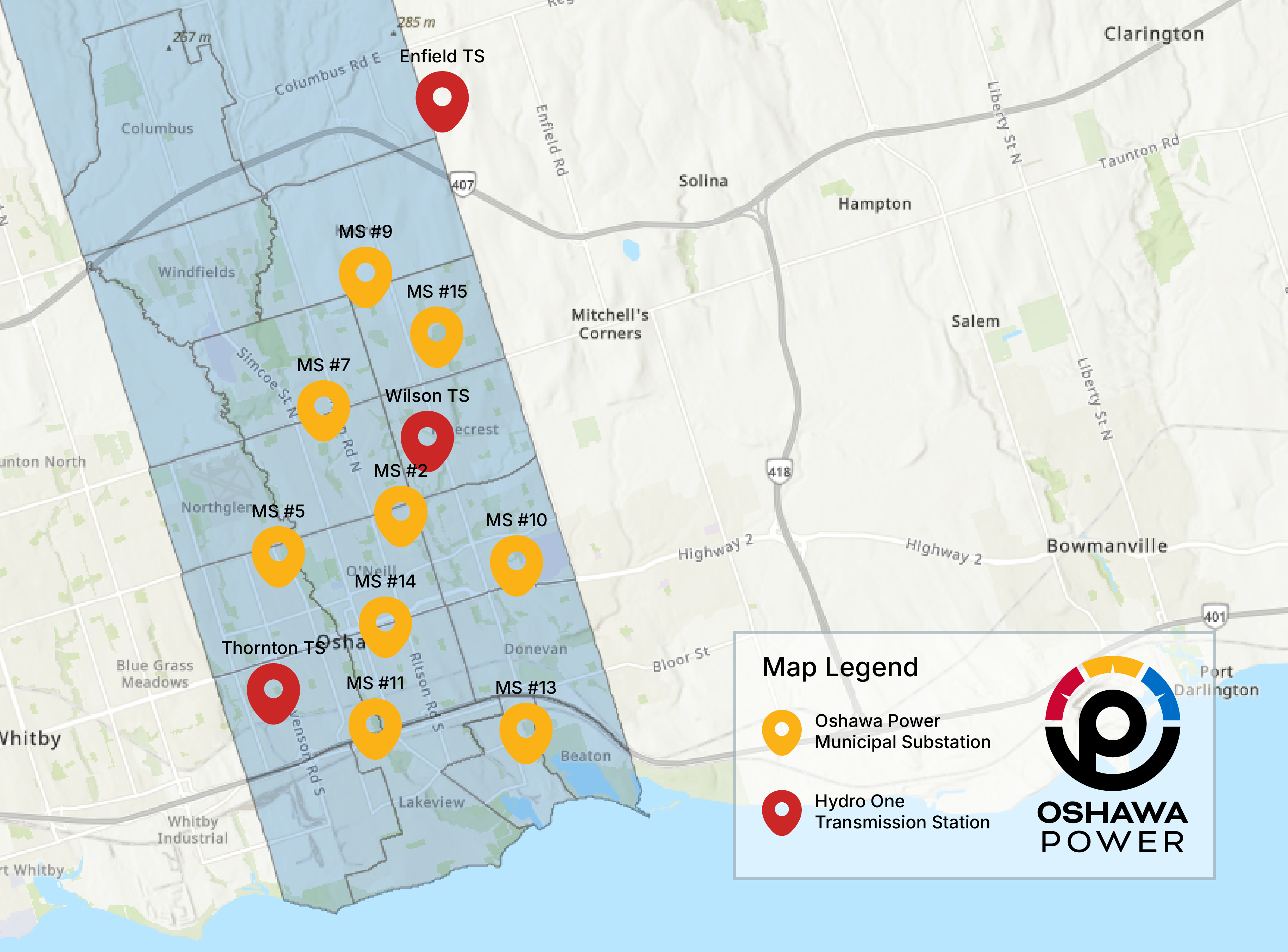 A map of Transmission Stations and Municipal Substations located in Oshawa Power service territory.